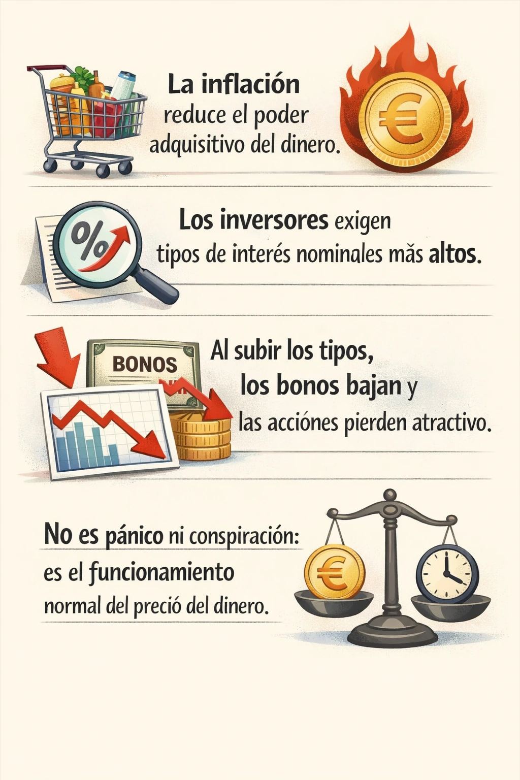 se explica el mecanismo que existe entre inflación, tipos de interés y el precio de la bolsa inflacion y tipos de interés. infografía. Eplicación en tres segundos