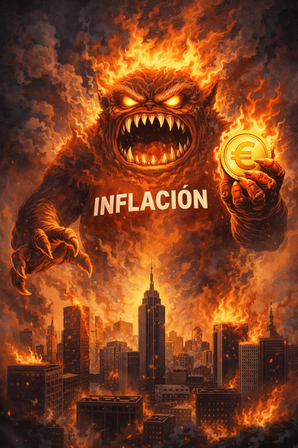 Se ve un godzilla en medio de fuego con una moneda que representa el euro como si fuera la inflación La inflación es un monstruo