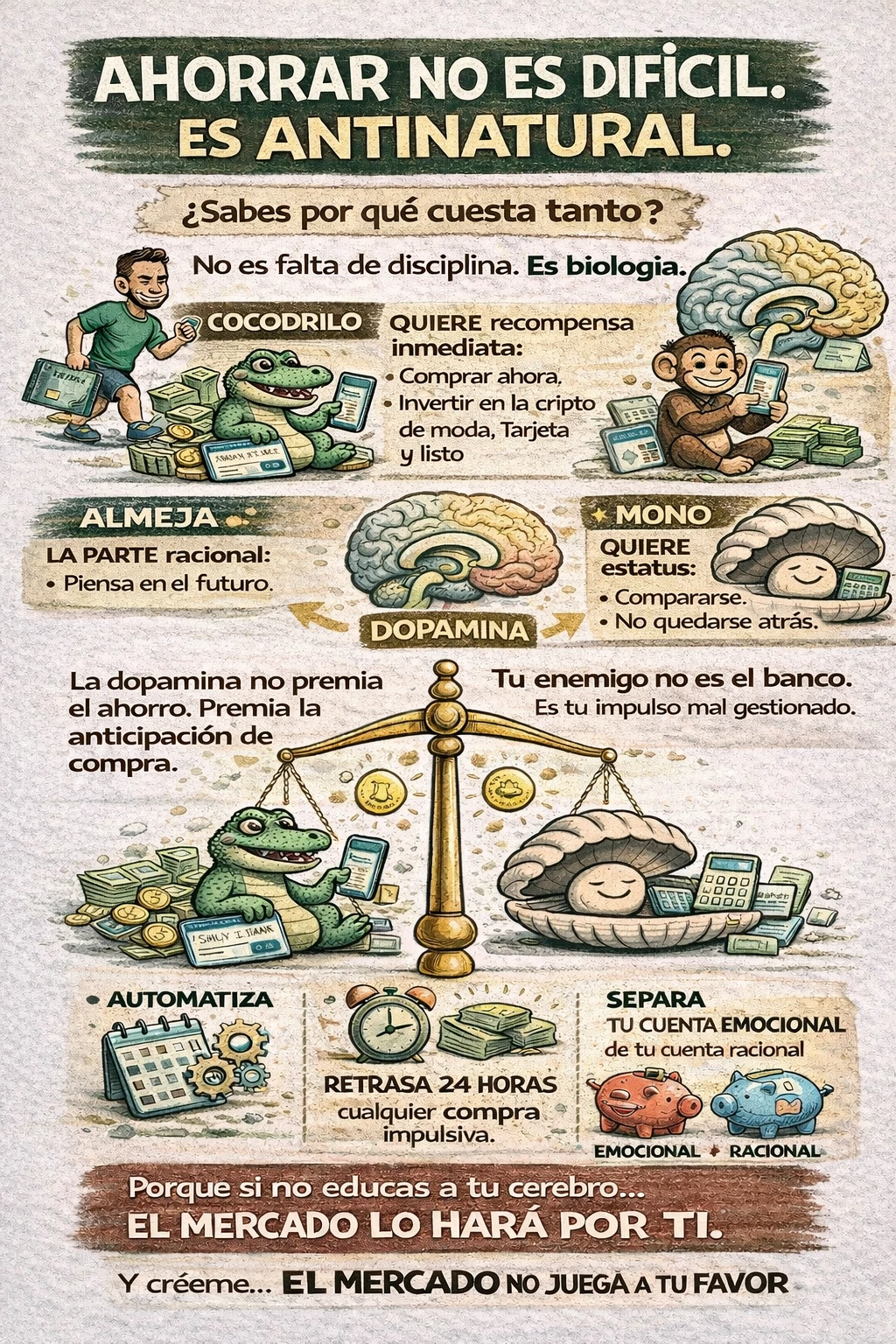 nfografía sobre ahorro y neurociencia que explica cómo el “cocodrilo” (impulso inmediato), el “mono” (estatus social) y la “almeja” (parte racional) influyen en nuestras decisiones financieras, destacando el papel de la dopamina y proponiendo automatizar el ahorro, retrasar compras 24 horas y separar cuentas emocionales y racionales.