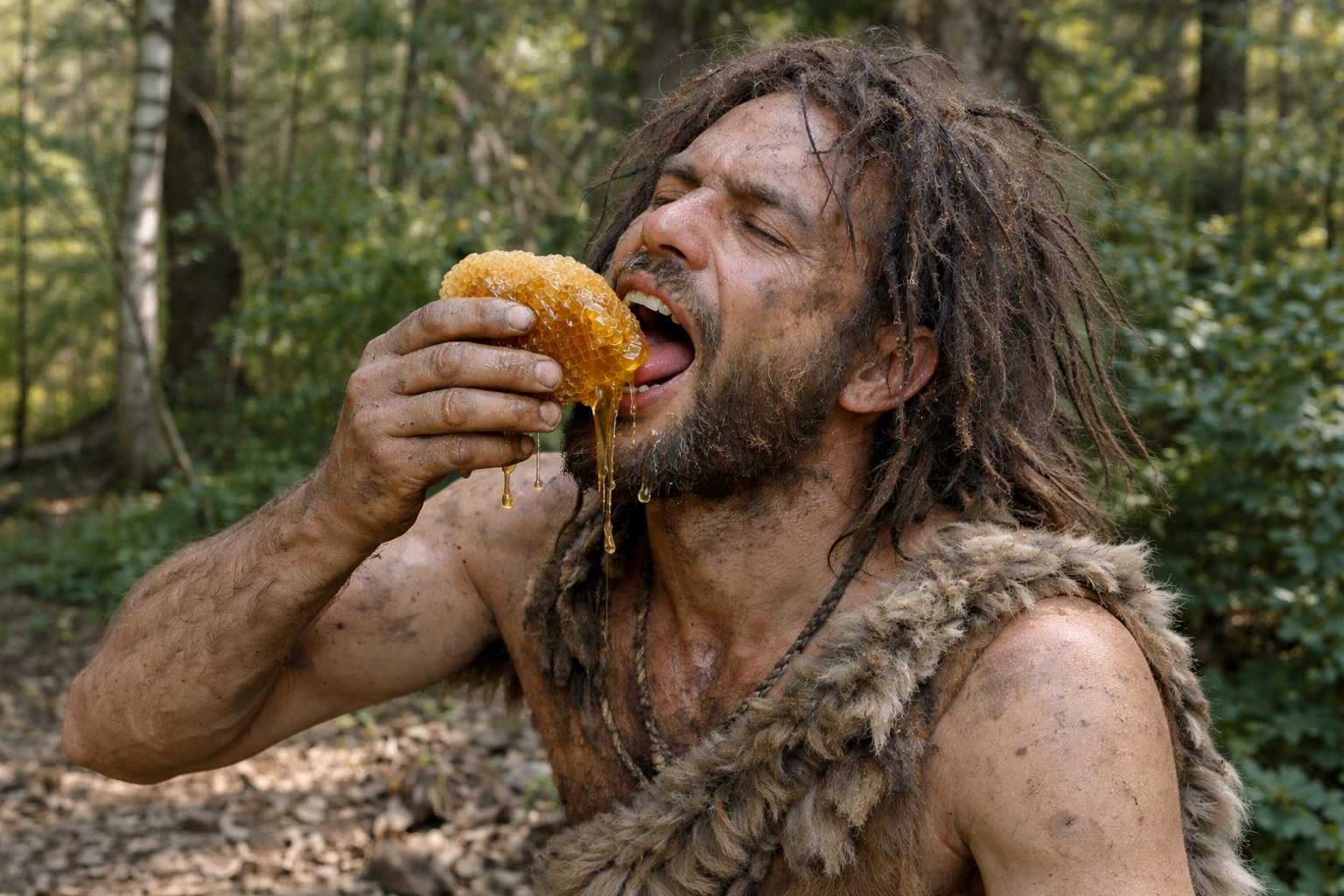 Hombre primitivo comiendo miel de un panal de rica miel